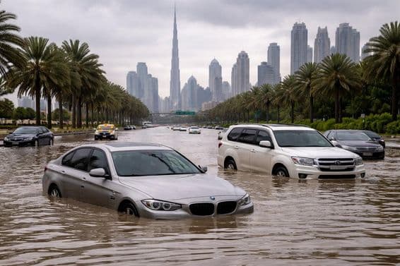 Zatopené autá na uliciach v Dubaji