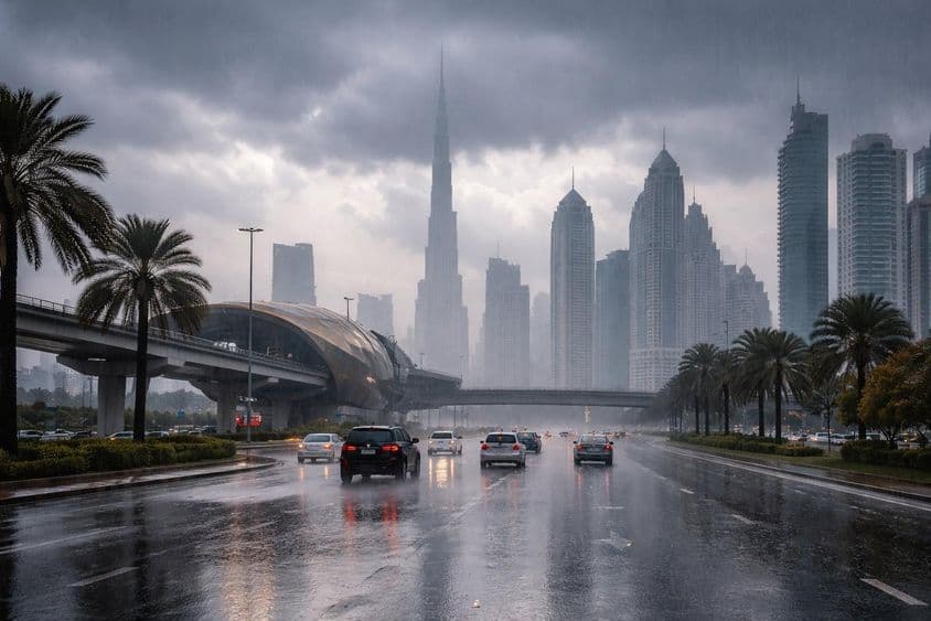Dáždivý deň na uliciach Dubaja