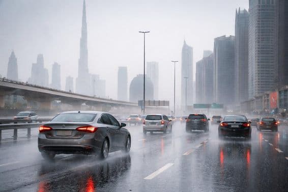 Brzdná dráha na dubajských cestách počas dažďa