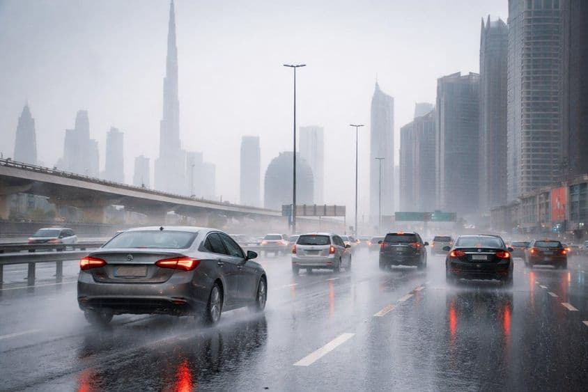 Brzdná dráha na dubajských cestách počas dažďa