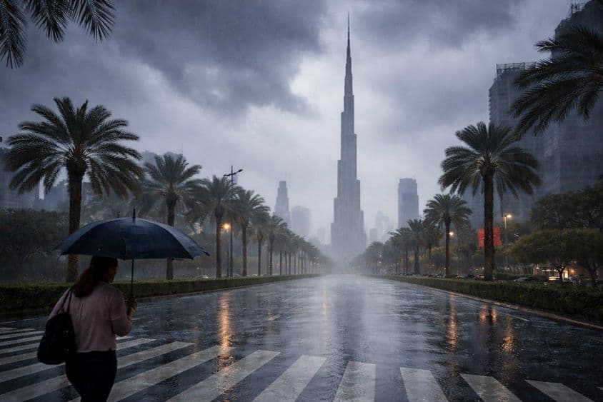 Daždivé ráno nad Dubajom