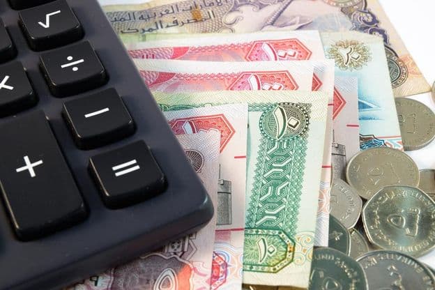 Rôzne bankovky a mince zo Spojených arabských emirátov zblízka