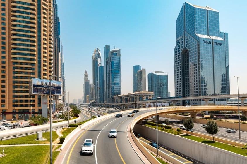 Pohľad na Sheikh Zayed Road s mrakodrapmi.