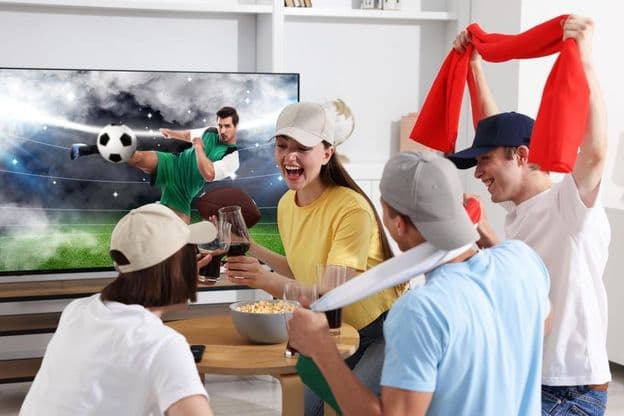 Futbaloví fanúšikovia sledujú futbalový zápas